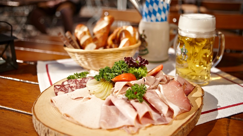 Classic Bavarian Brotzeit with beer and pretzels
