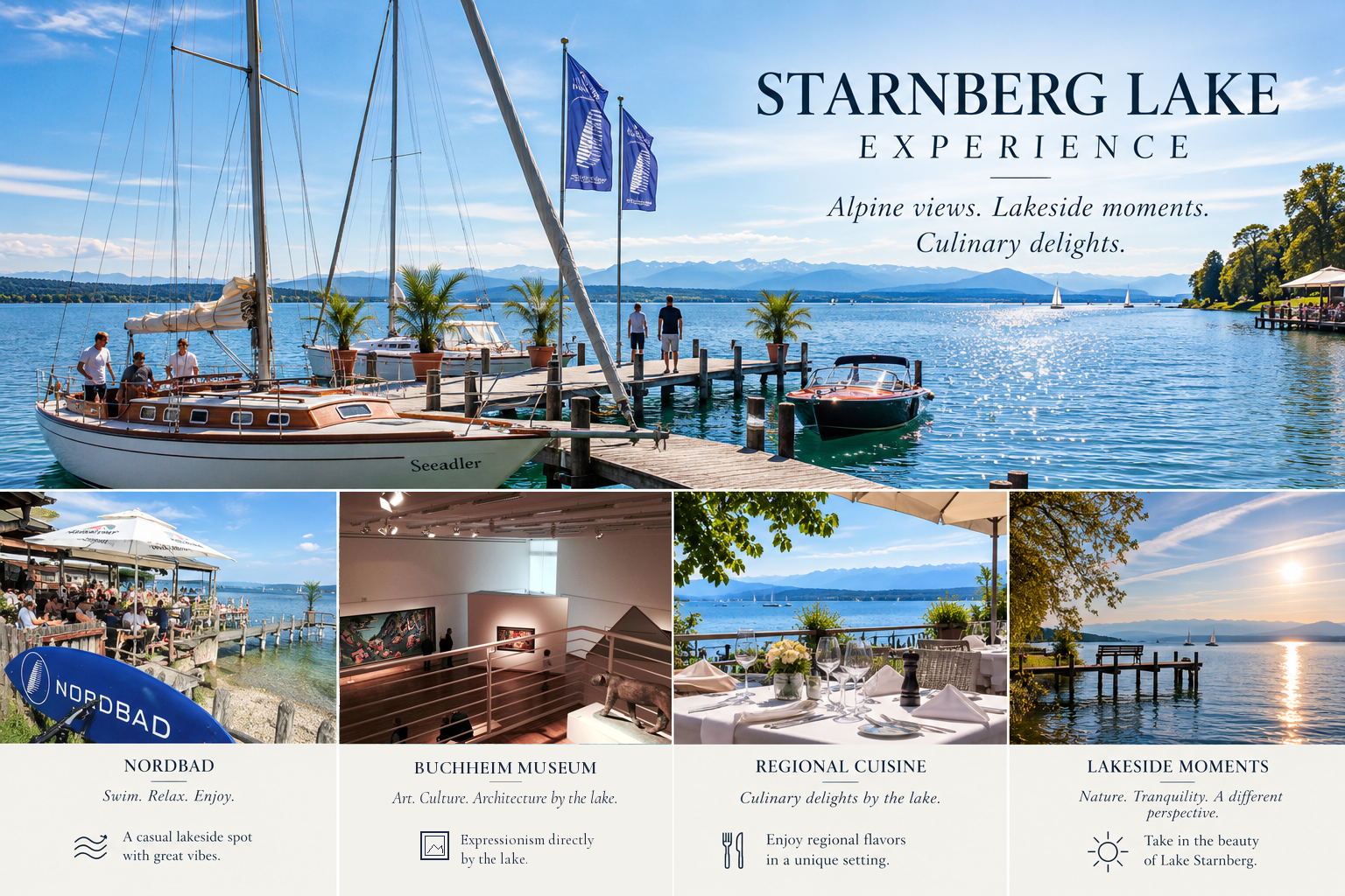 Starnberg Lake Experience: Lake Starnberg with the Alps, a lakeside terrace, the Buchheim Museum, regional lakeside cuisine and lakeside moments