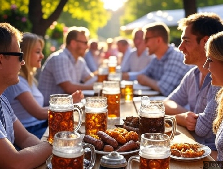 Friends sharing beer and food at a sunny beer garden table