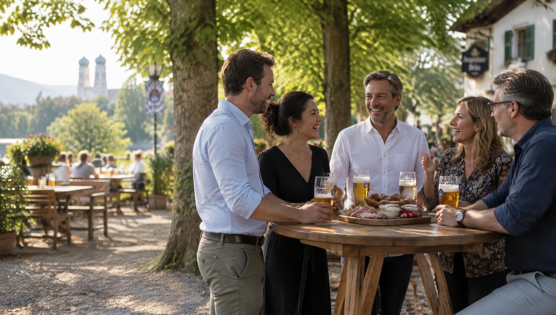 A small international group talking and laughing around a standing table in a shaded Bavarian beer garden