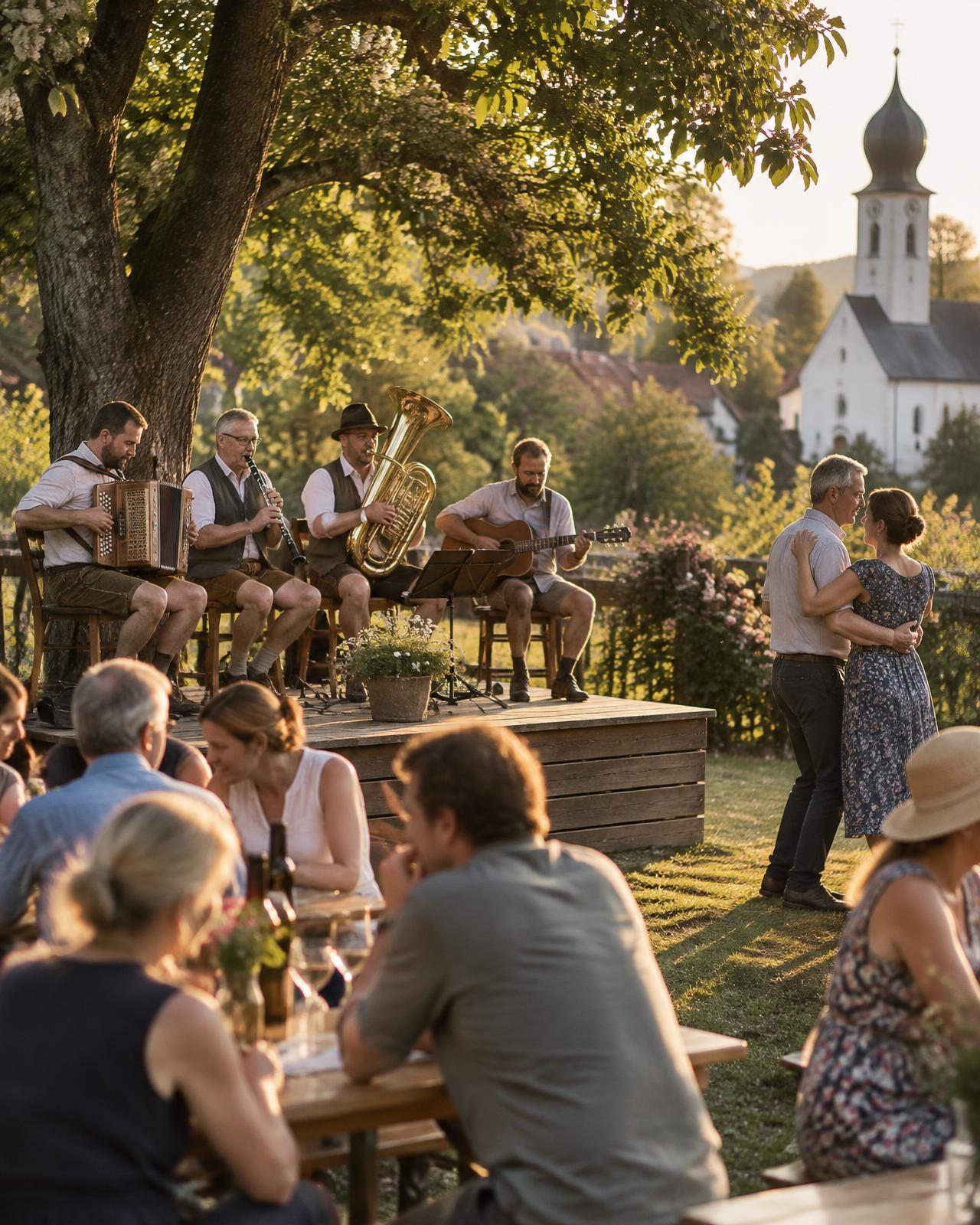 Musicians playing traditional music at a small Bavarian village summer gathering while guests talk and dance
