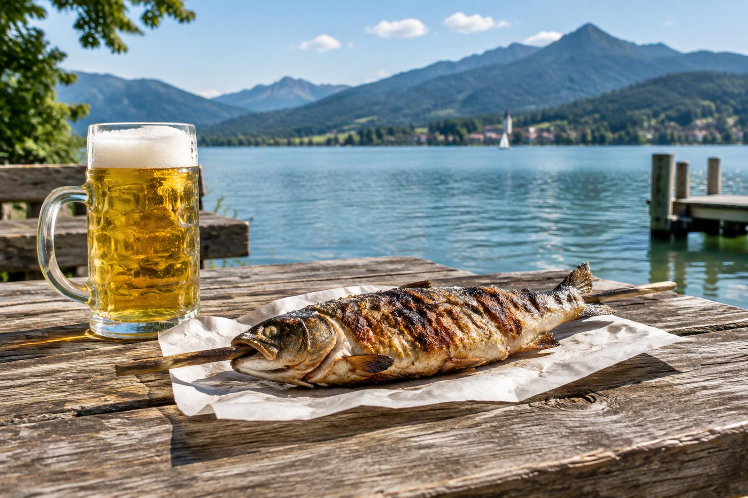 Steckerlfisch and beer served beside Lake Tegernsee