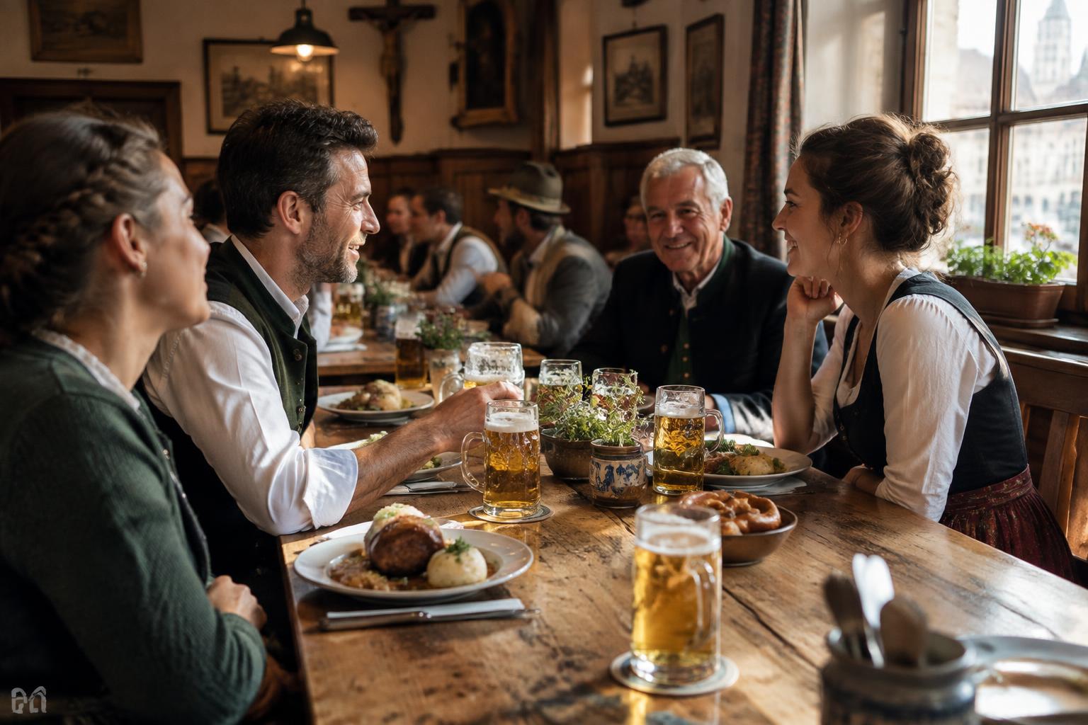 Guests sharing food and conversation in a traditional Munich Wirtshaus