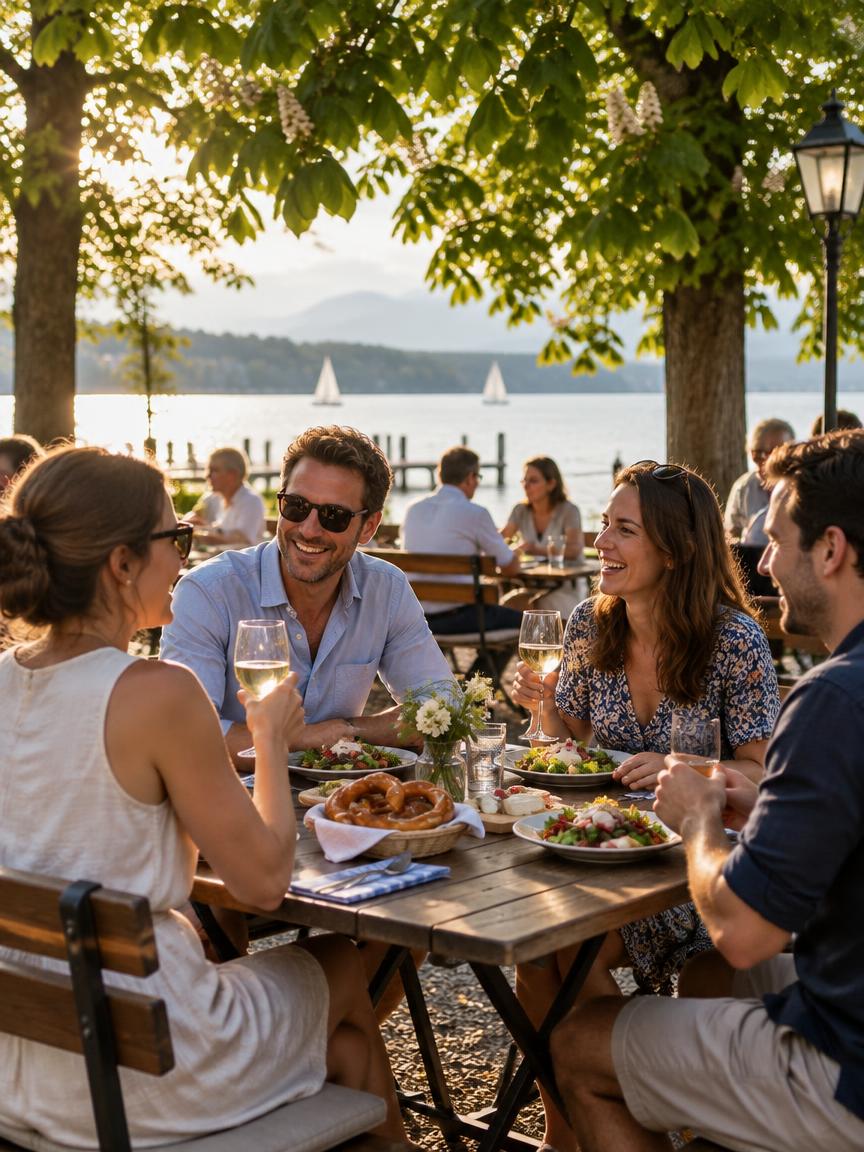 Friends sharing food and drinks in a lakeside beer garden beneath chestnut trees
