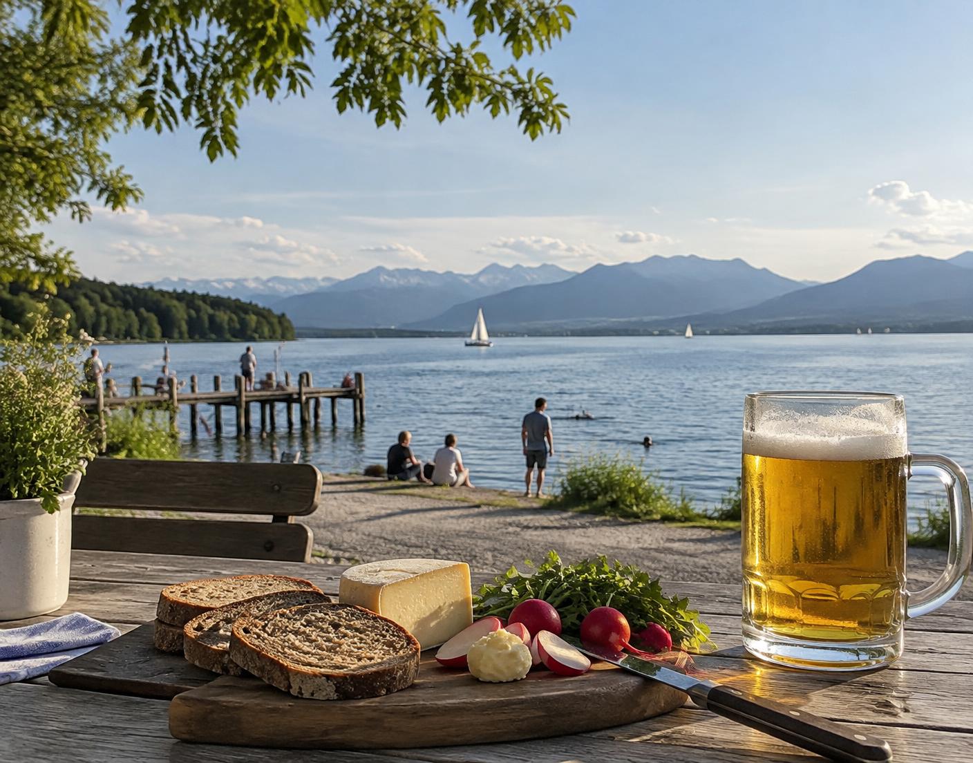 Brotzeit overlooking Lake Starnberg and the Bavarian Alps